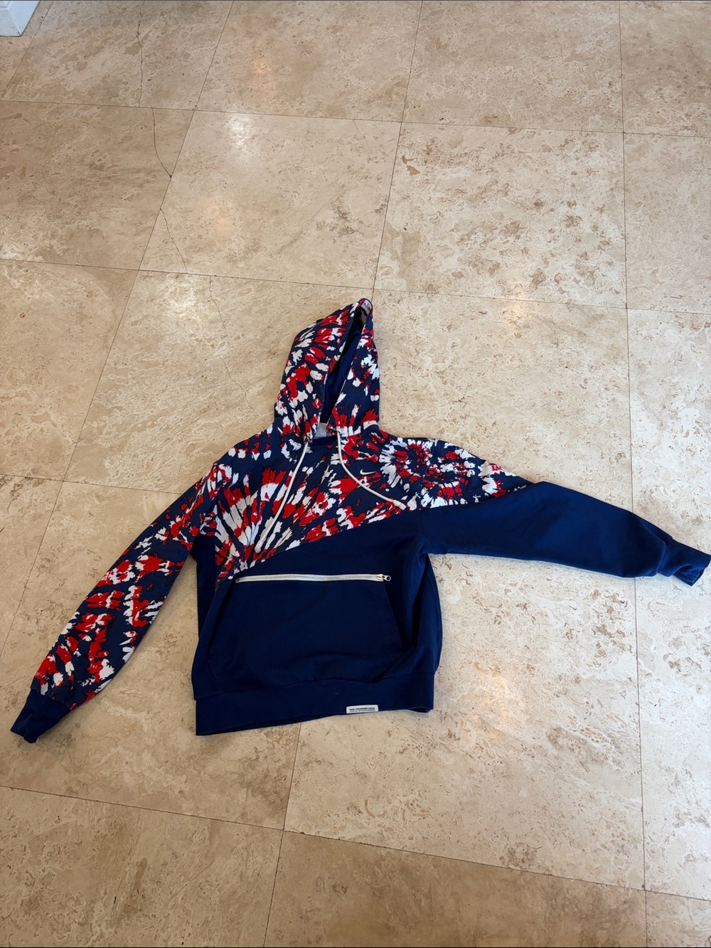 Nike Men’s Navy Zip-Up Hoodie with Red & White Tie-Dye Accents